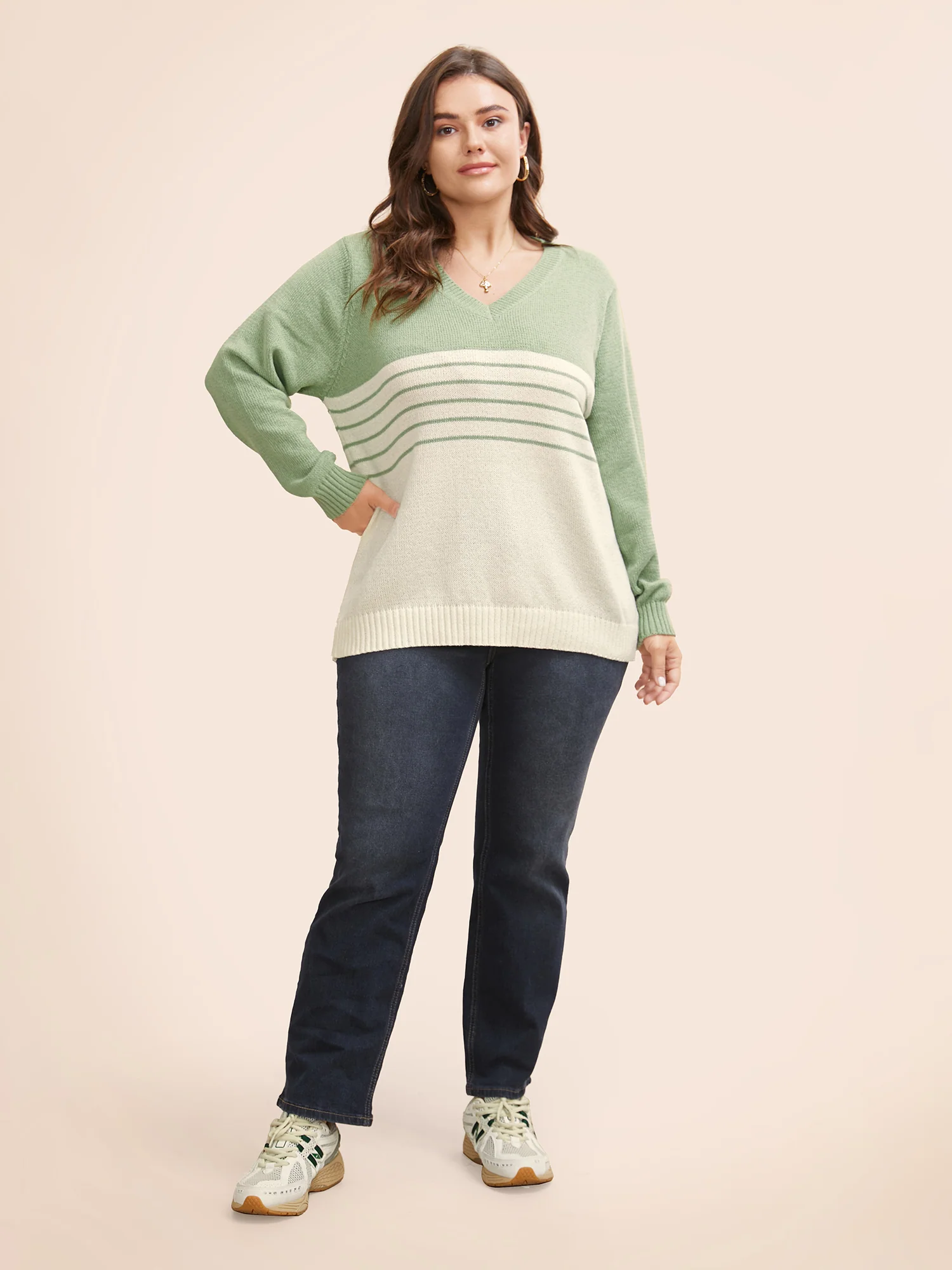 V Neck Striped Patchwork Pullover - Image 4