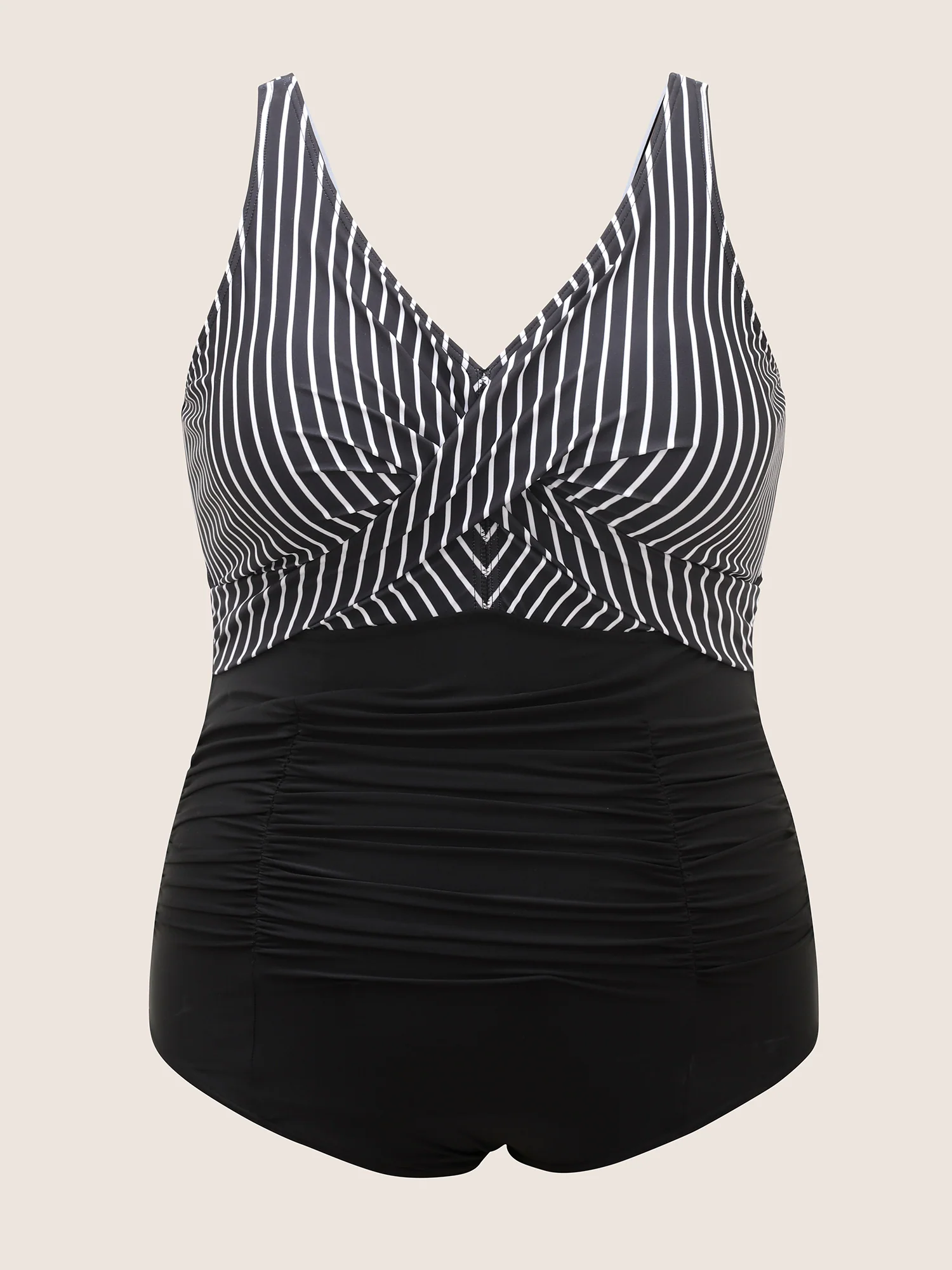 V Neck Striped Patchwork Ruched One Piece Swimsuit - Image 7