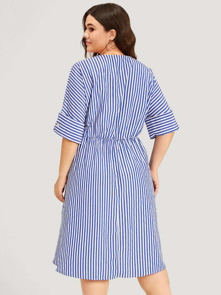 V Neck Striped Pocket Ruffle Hem Button Detail Dress - Image 2