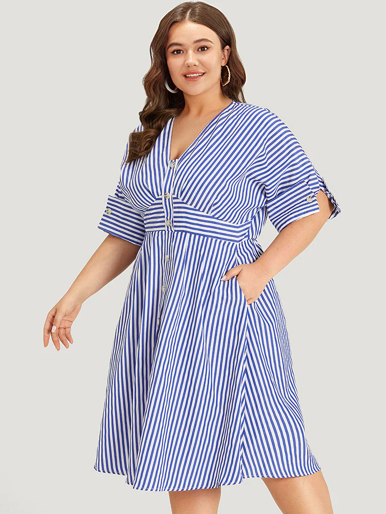 V Neck Striped Pocket Ruffle Hem Button Detail Dress - Image 3