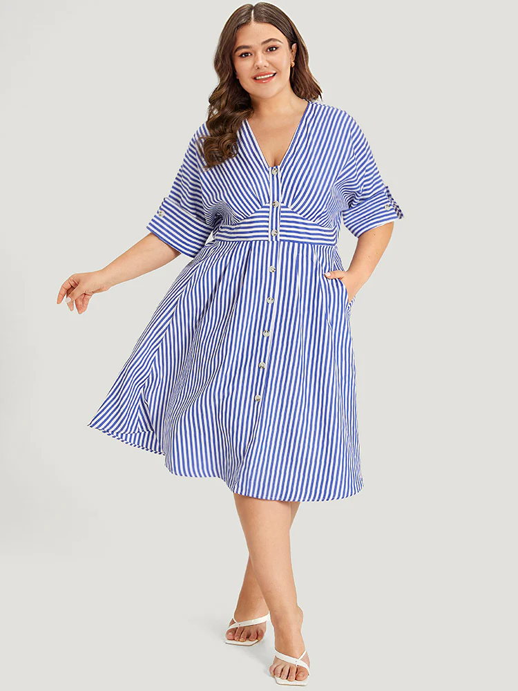 V Neck Striped Pocket Ruffle Hem Button Detail Dress - Image 4