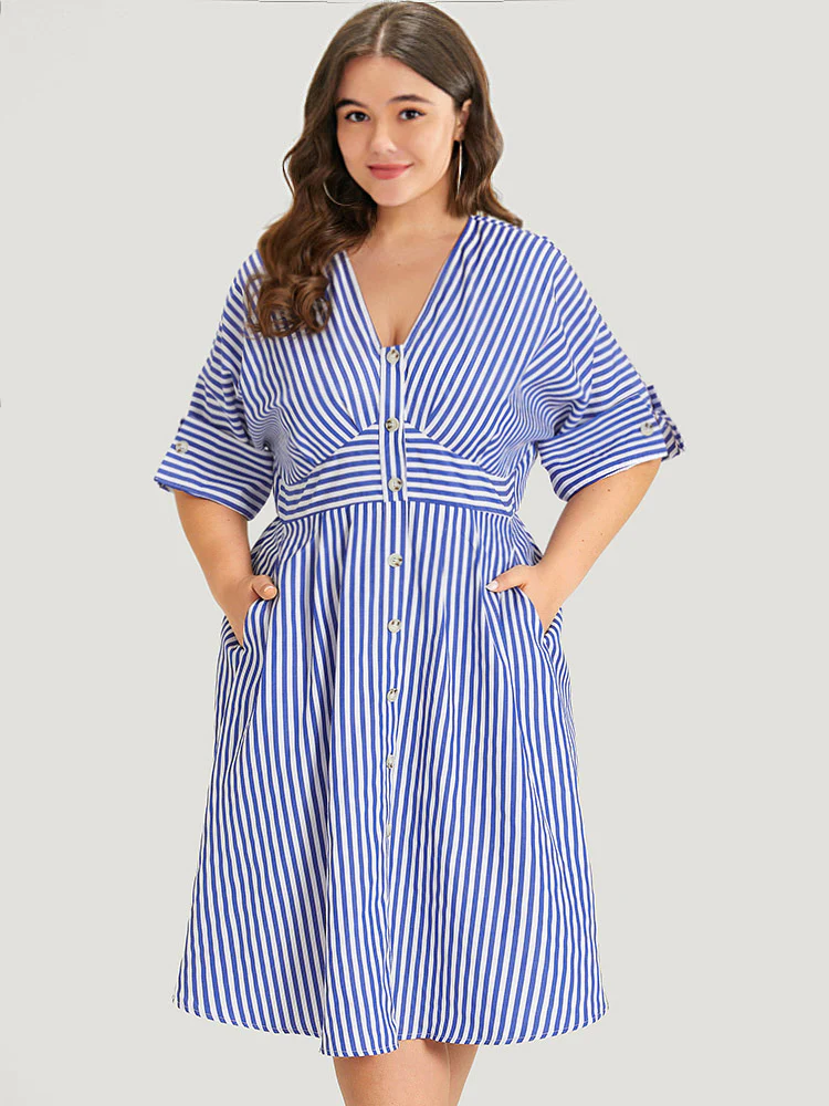 V Neck Striped Pocket Ruffle Hem Button Detail Dress - Image 5