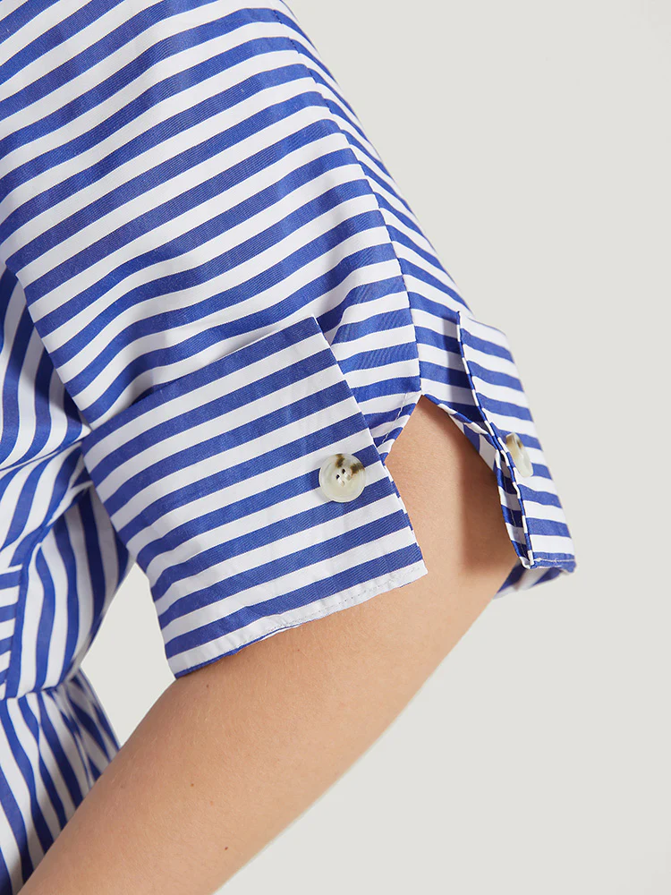 V Neck Striped Pocket Ruffle Hem Button Detail Dress - Image 7