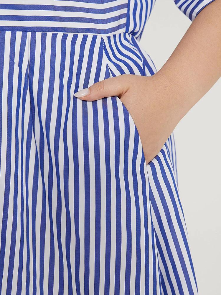 V Neck Striped Pocket Ruffle Hem Button Detail Dress - Image 8