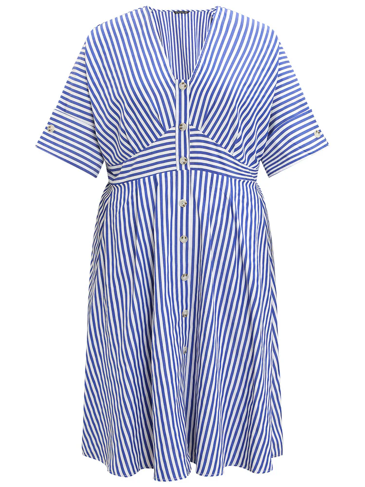 V Neck Striped Pocket Ruffle Hem Button Detail Dress - Image 9