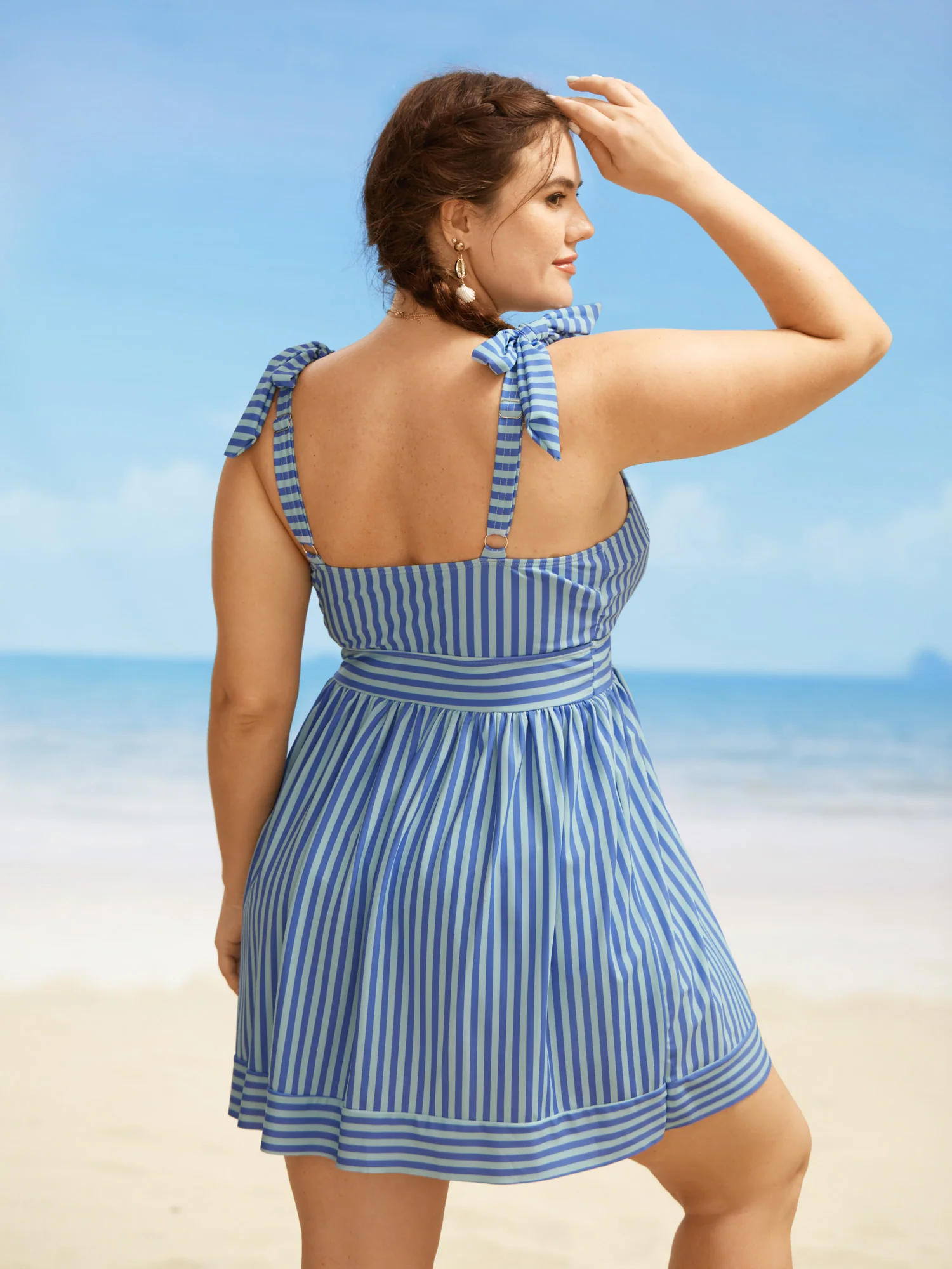 V Neck Striped Tie Knot Gathered Swim Dress - Image 2