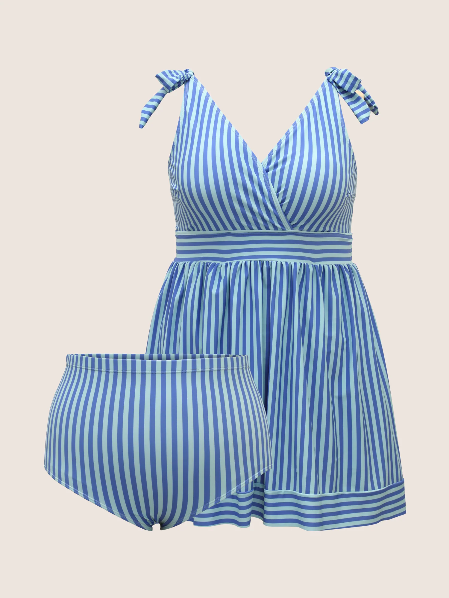 V Neck Striped Tie Knot Gathered Swim Dress - Image 9