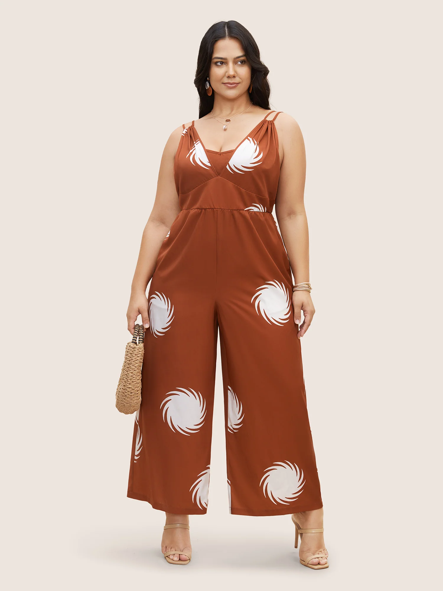 V Neck Sun Print Gathered Jumpsuit - Image 3