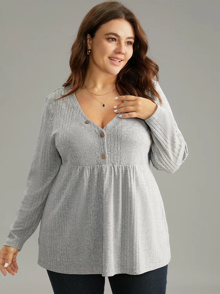V Neck Texture Button Up Rib Knit T-shirt