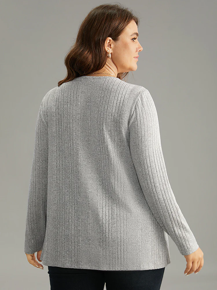 V Neck Texture Button Up Rib Knit T-shirt - Image 2