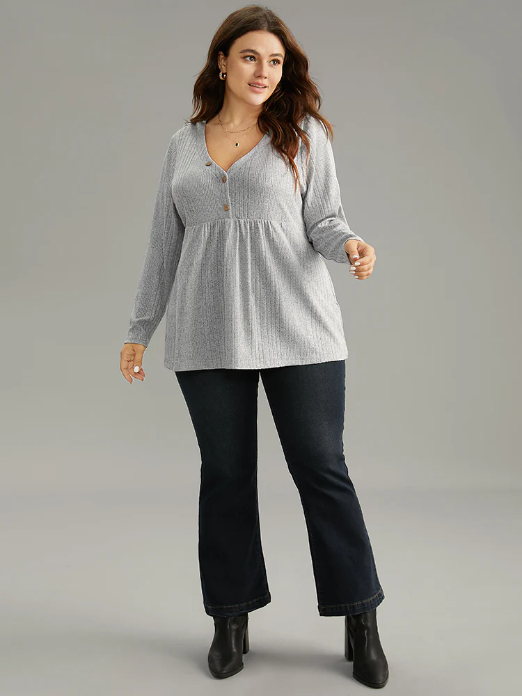 V Neck Texture Button Up Rib Knit T-shirt - Image 4