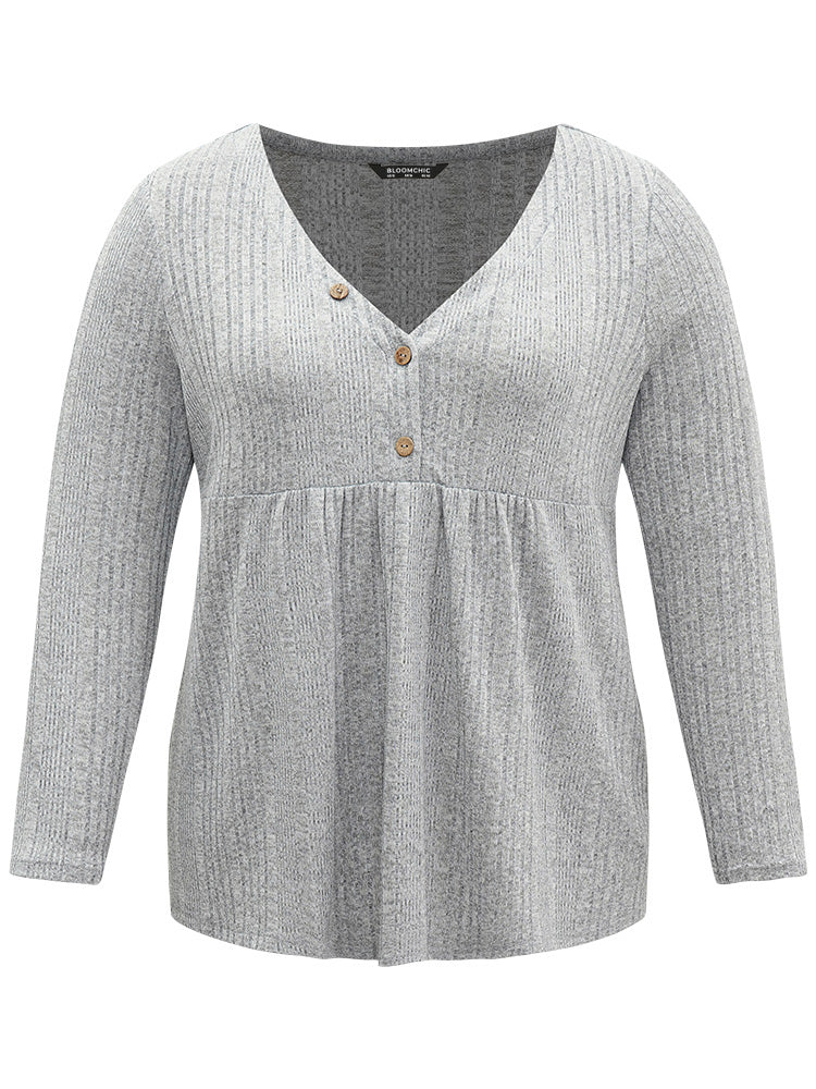 V Neck Texture Button Up Rib Knit T-shirt - Image 5