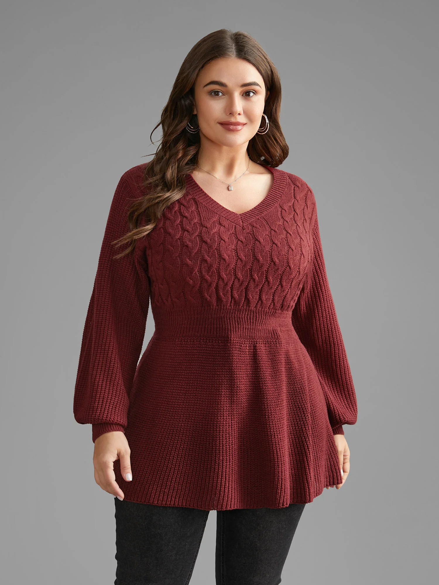 V Neck Texture Cable Knit Pullover - Image 2
