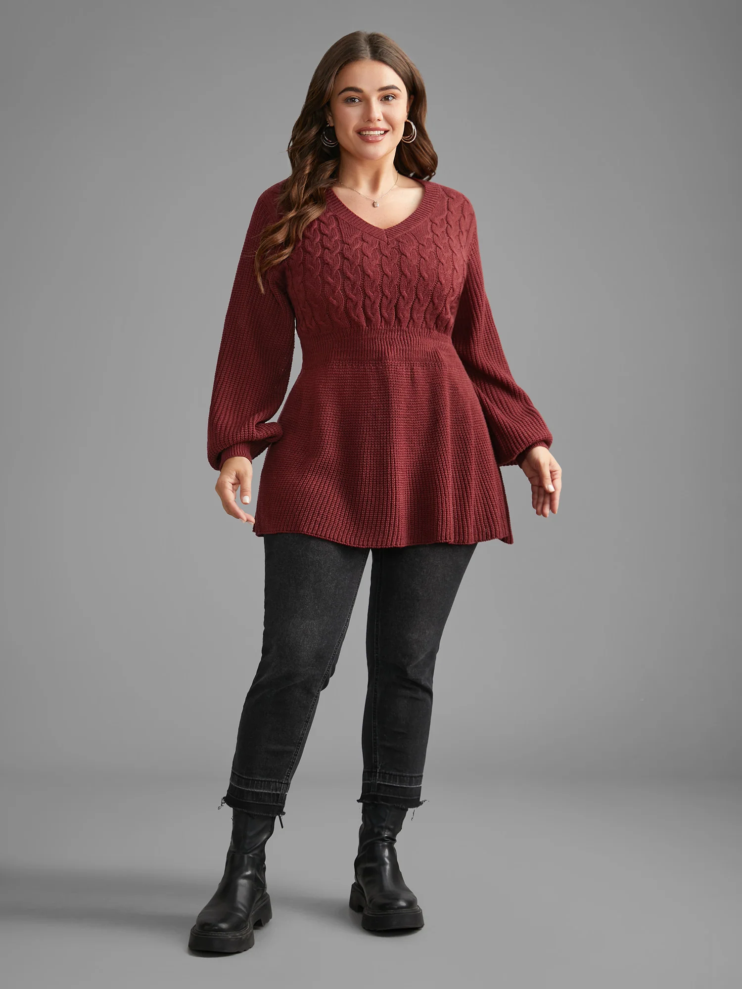 V Neck Texture Cable Knit Pullover - Image 4