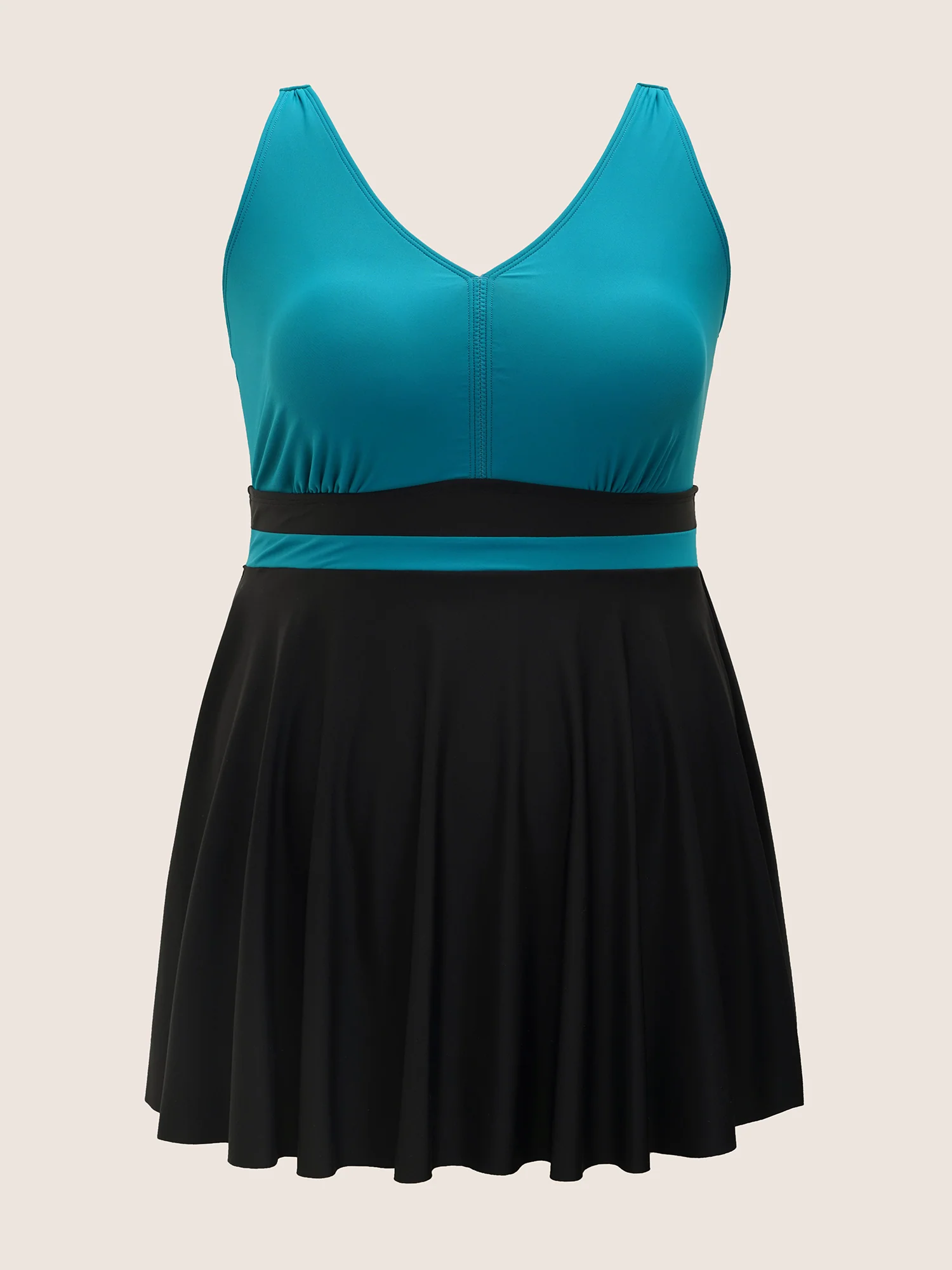 V Neck Two Tone Patchwork Swim Dress - Image 6