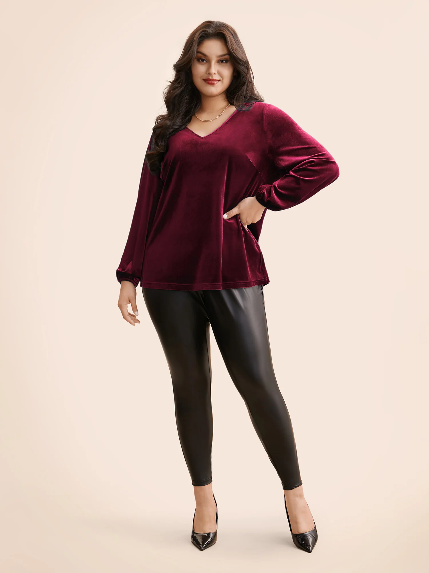 V Neck Velvet Lantern Sleeve Blouse - Image 2