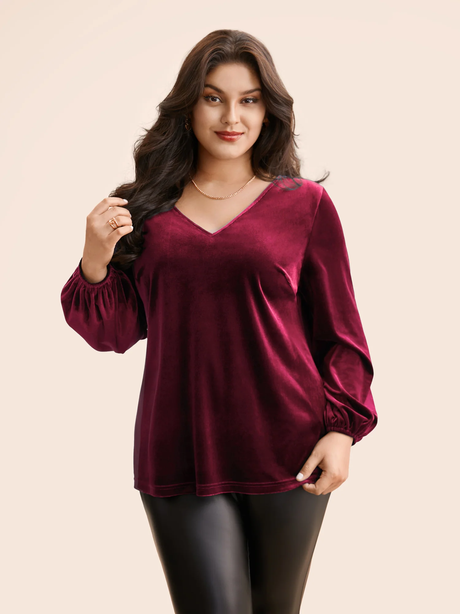V Neck Velvet Lantern Sleeve Blouse - Image 4