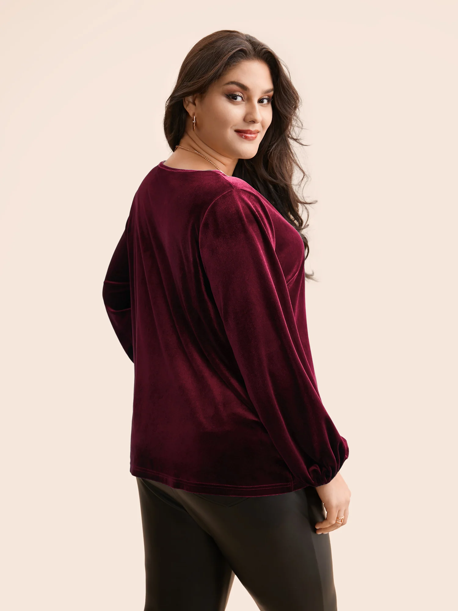 V Neck Velvet Lantern Sleeve Blouse - Image 5