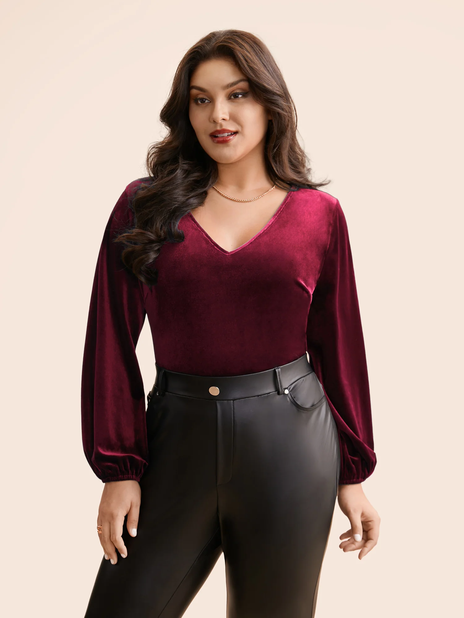 V Neck Velvet Lantern Sleeve Blouse - Image 6