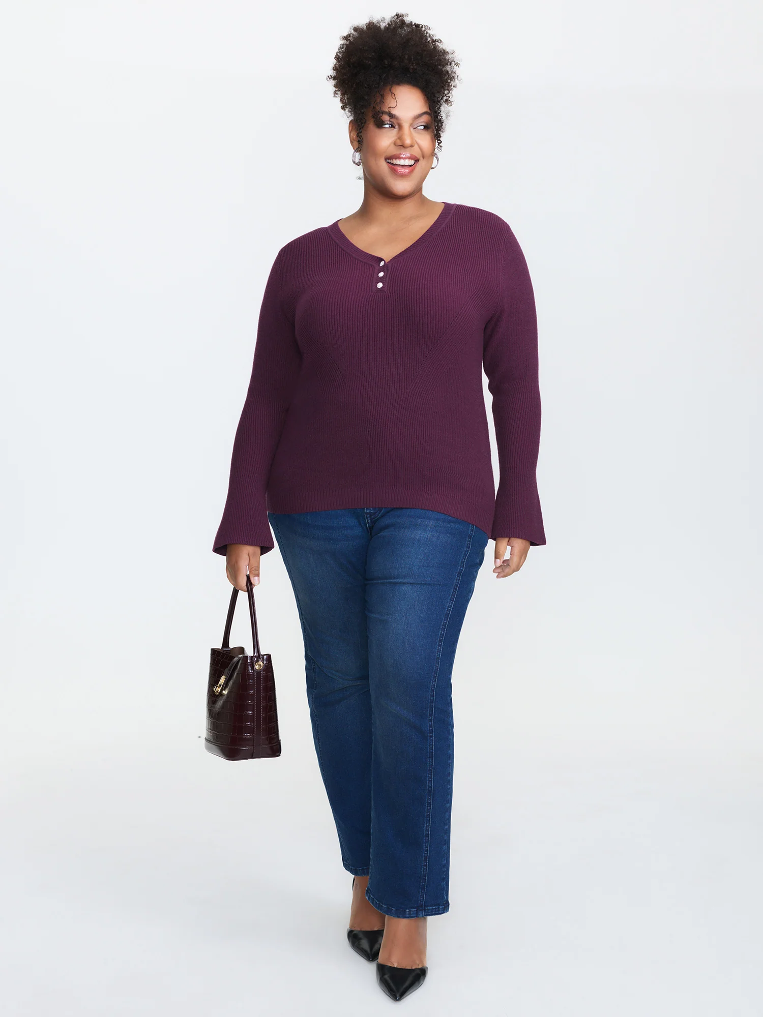 V-Neckline Fitted Flared Sleeve Pullover - Image 2