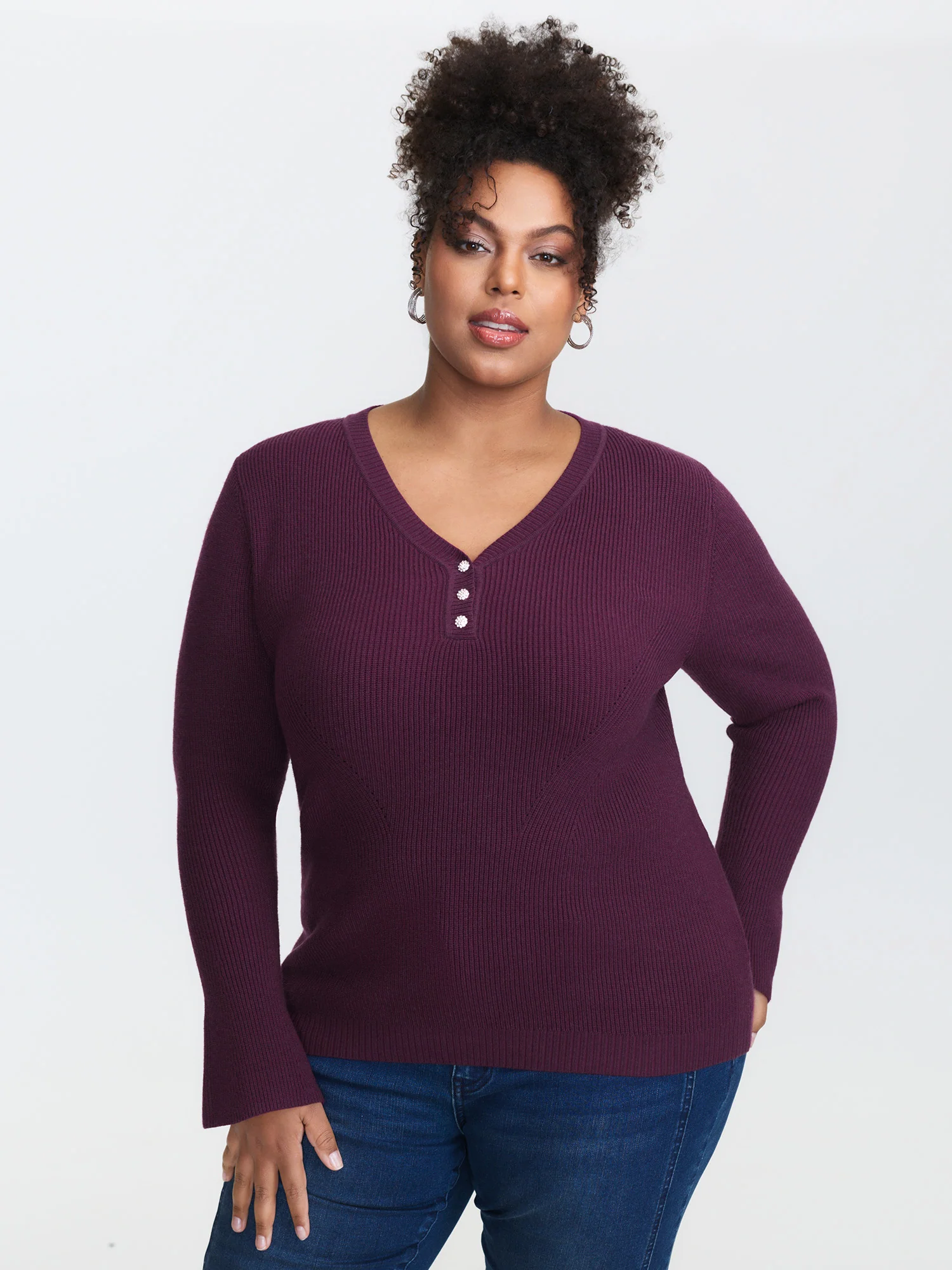 V-Neckline Fitted Flared Sleeve Pullover - Image 4