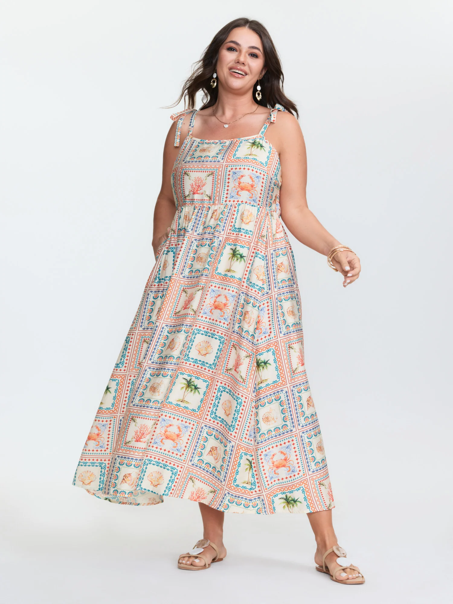 Vacation-Ready Collage Print Shoulder-Tie Maxi Dress - Image 2