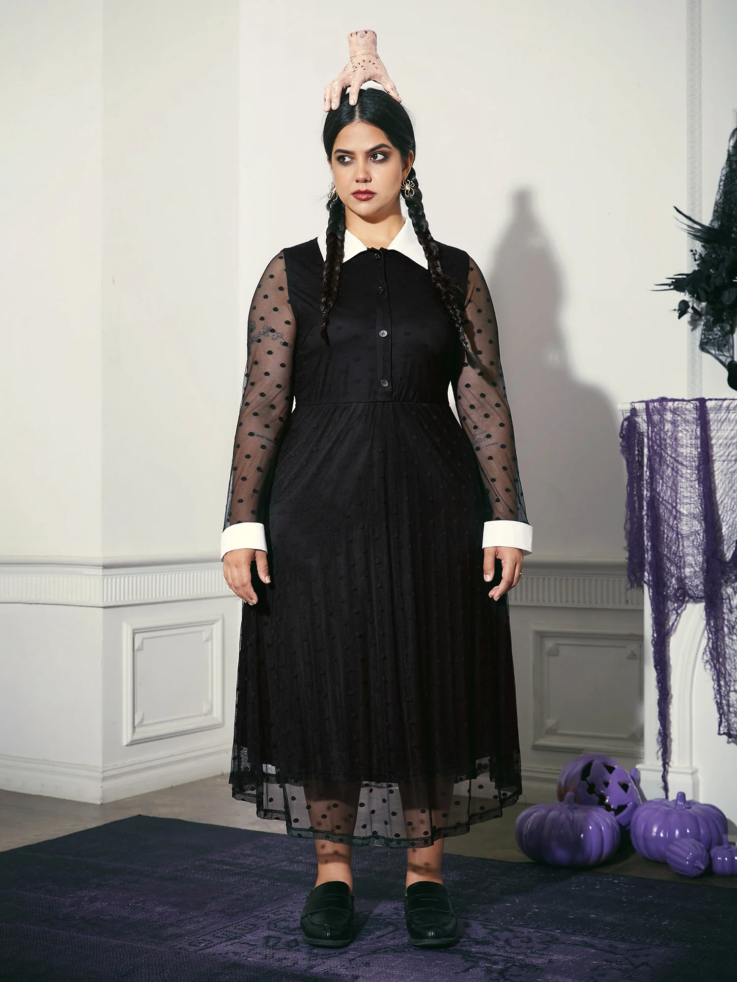 Vampire Polka Dot Waist-Cinching Midi Dress - Image 5