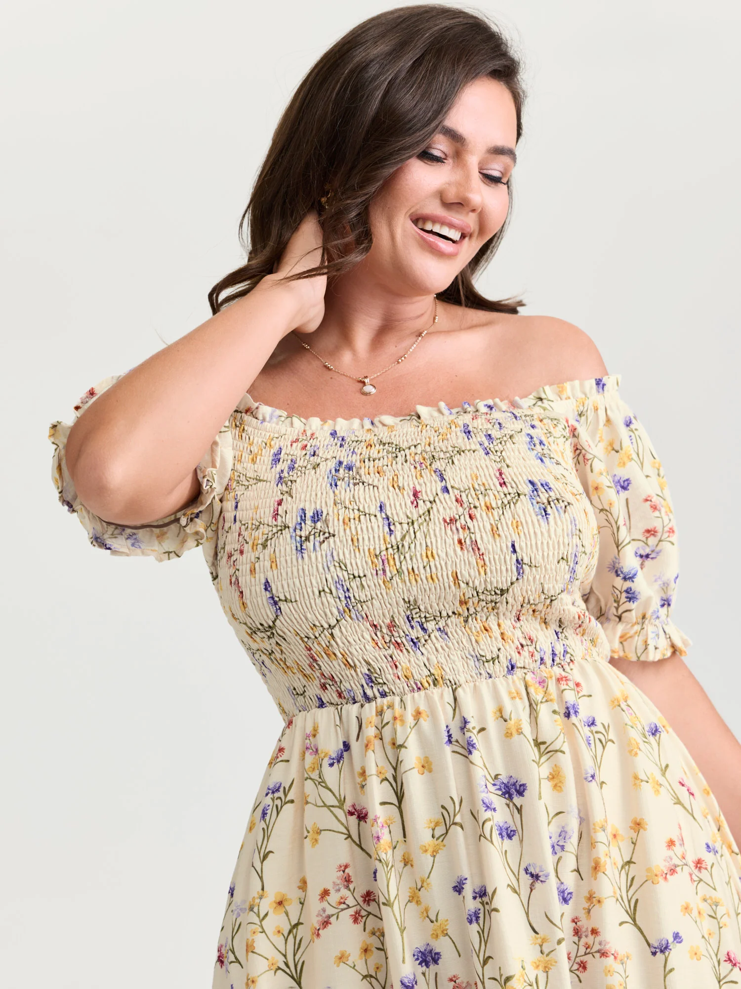 Vanilla Print Shirred Off-Shoulder Midi Dress - Image 2