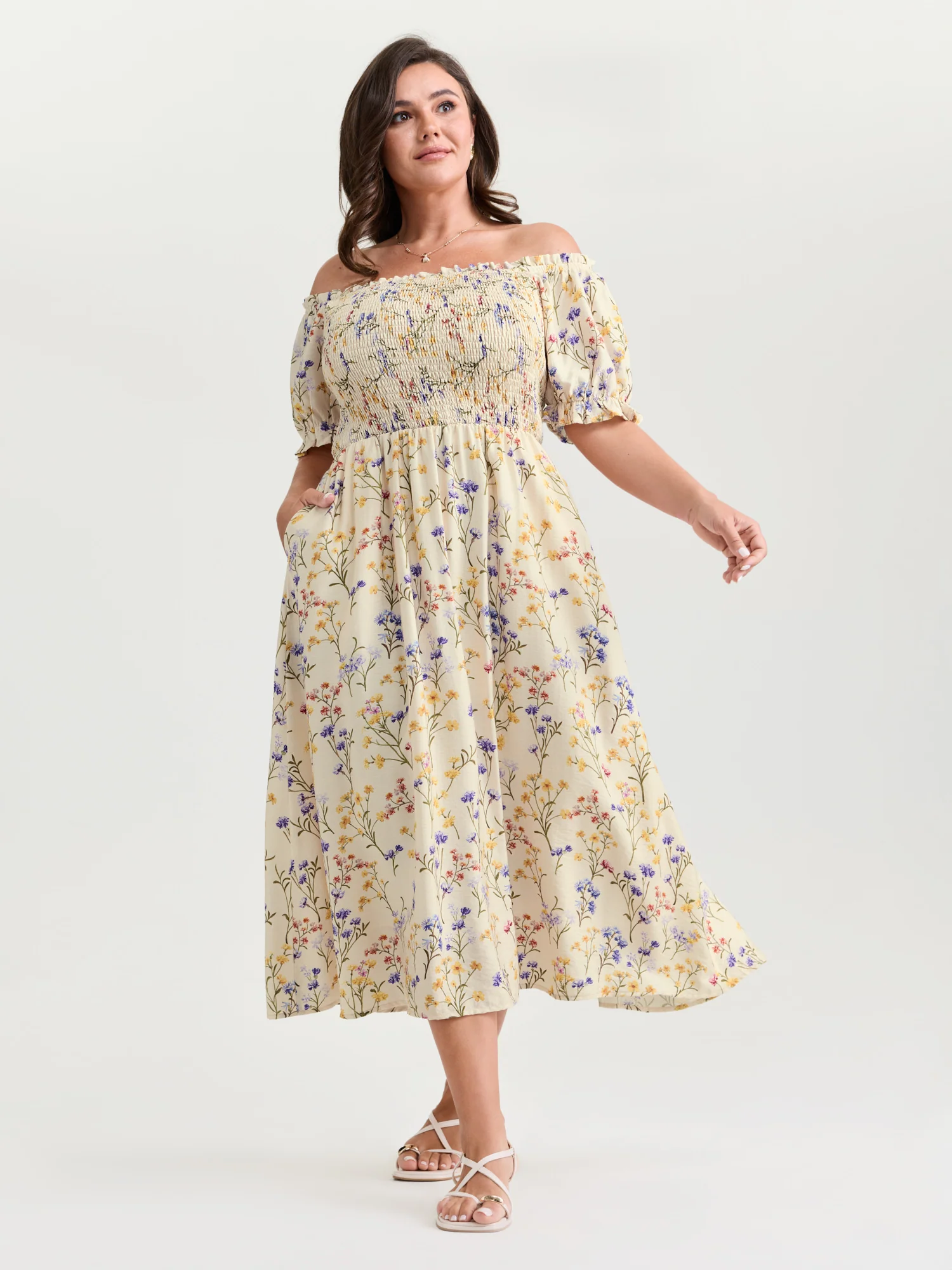 Vanilla Print Shirred Off-Shoulder Midi Dress - Image 3