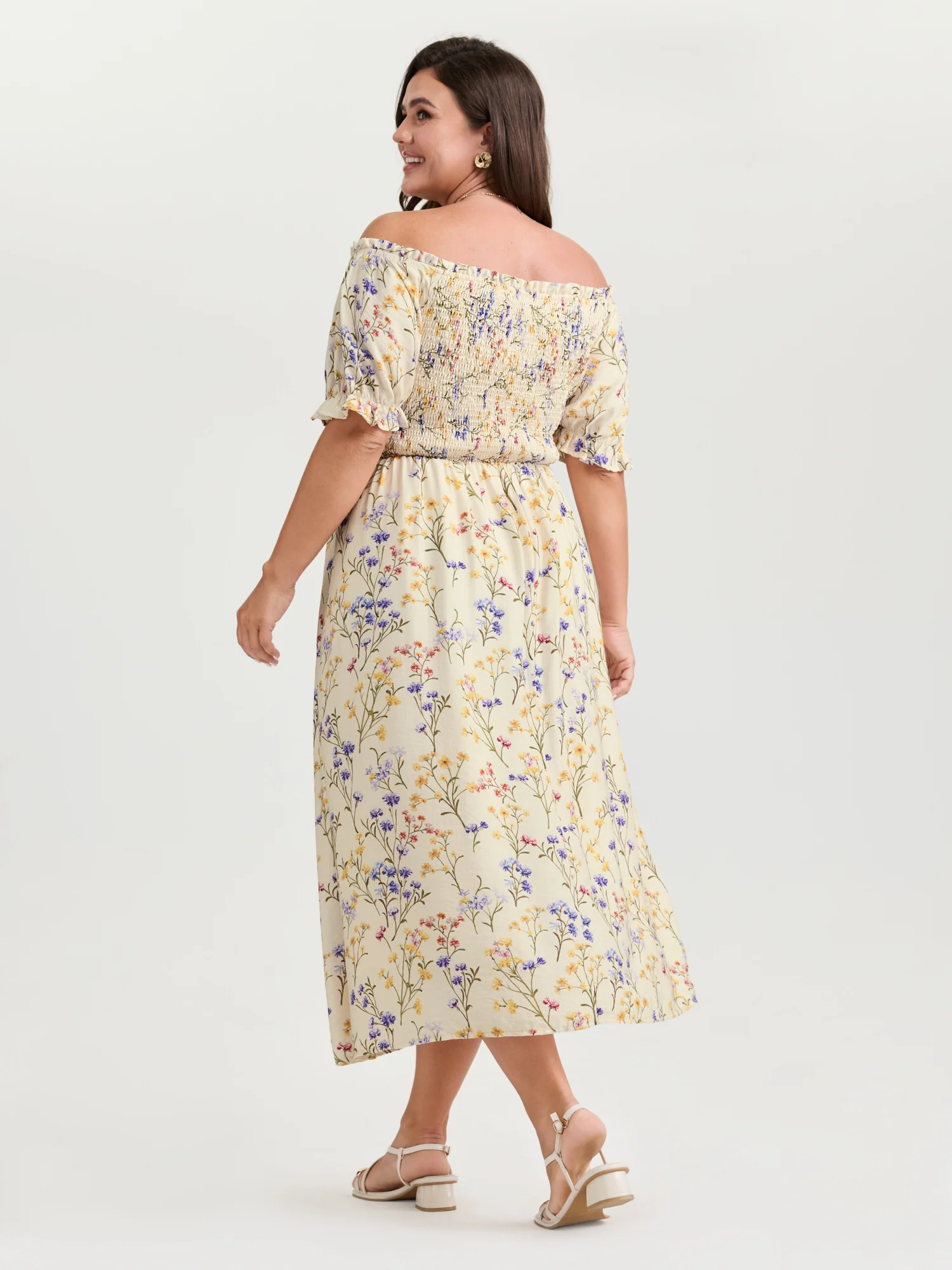 Vanilla Print Shirred Off-Shoulder Midi Dress - Image 4