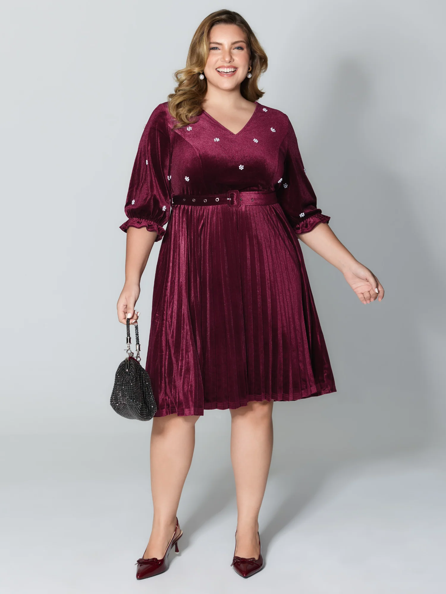 Velvet Beads Pleated Skirt Midi Dress - Image 2