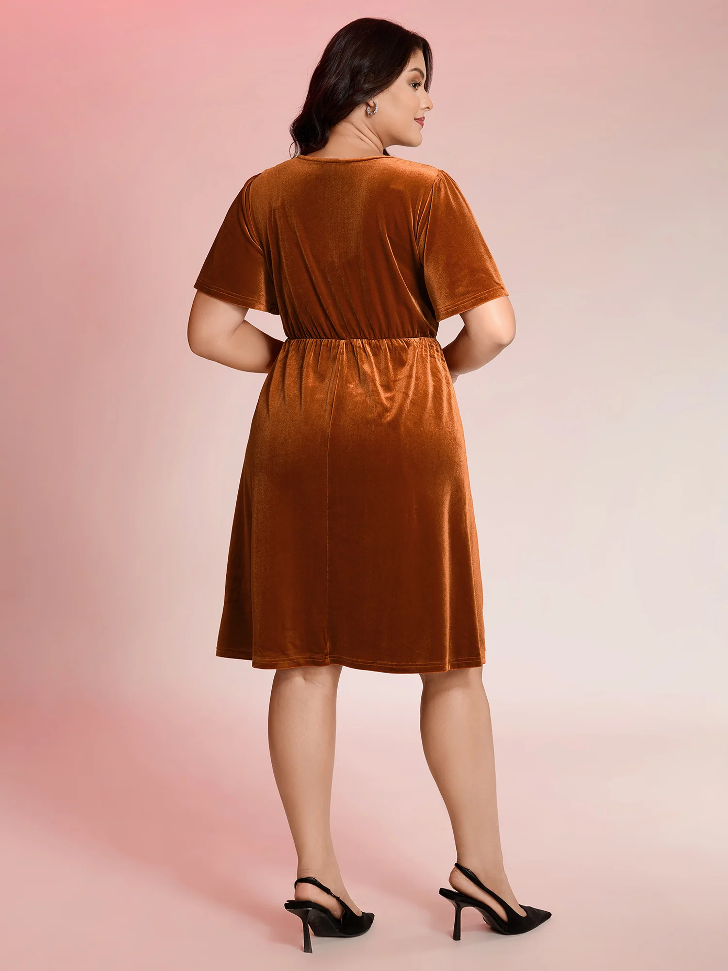 Velvet Button Pockets Flutter Sleeve Midi Dress - Image 4
