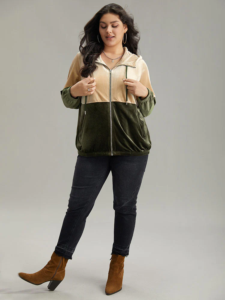 Velvet Contrast Hooded Slant Pocket Jacket - Image 4