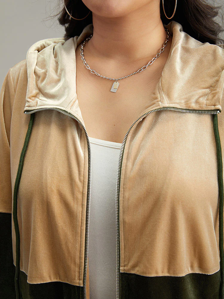 Velvet Contrast Hooded Slant Pocket Jacket - Image 5