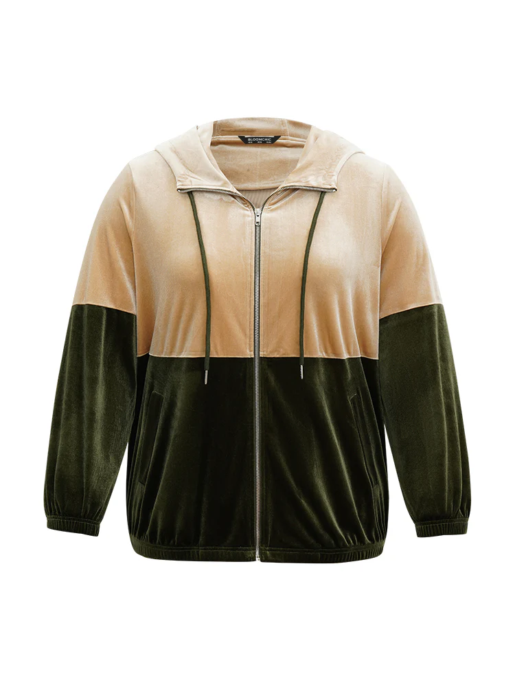 Velvet Contrast Hooded Slant Pocket Jacket - Image 7