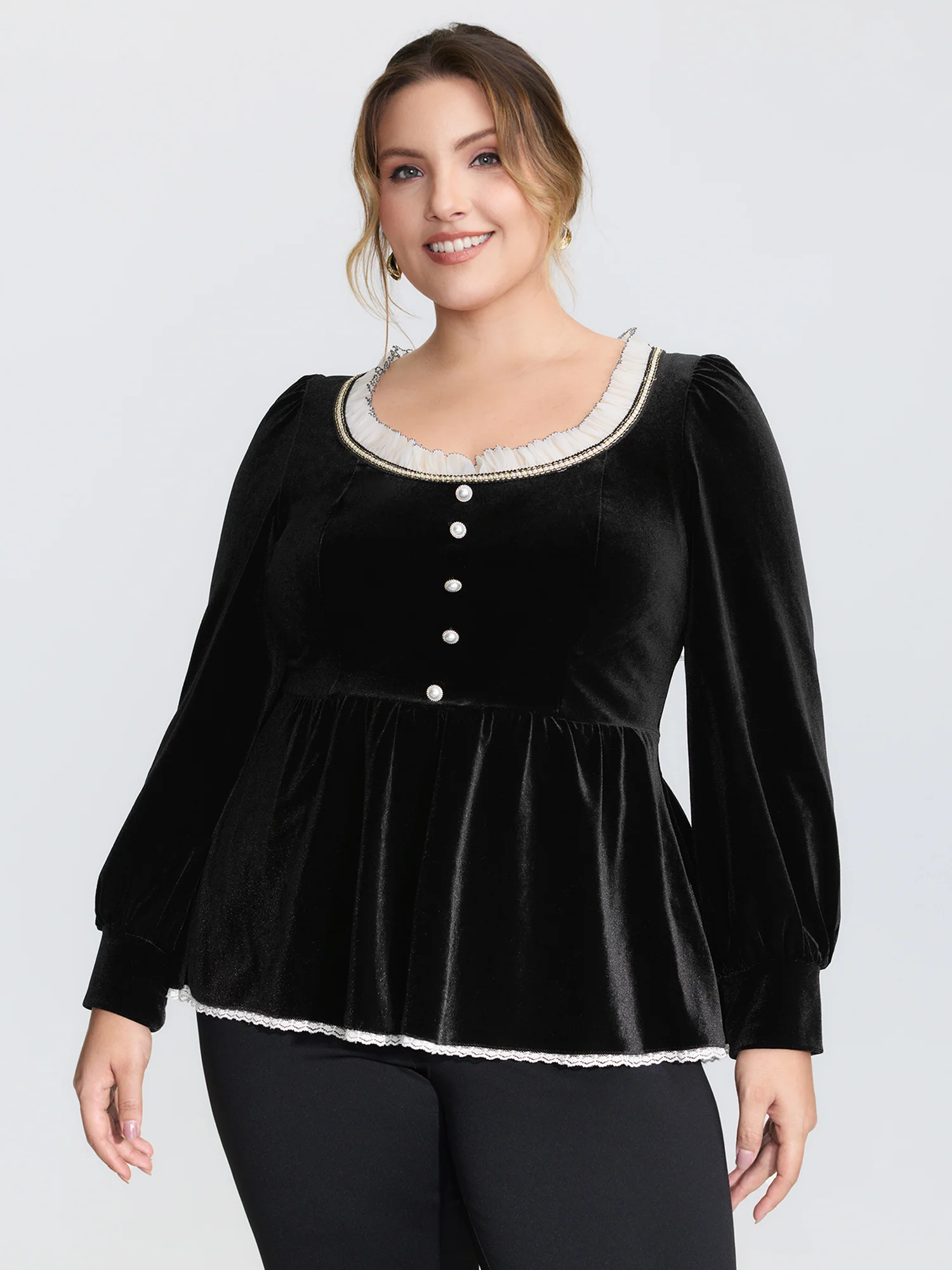 Velvet Contrast Neckline Button Knit Top