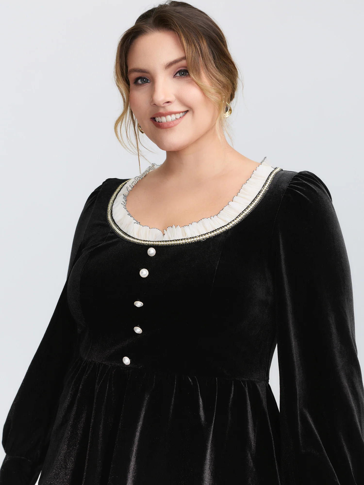 Velvet Contrast Neckline Button Knit Top - Image 2