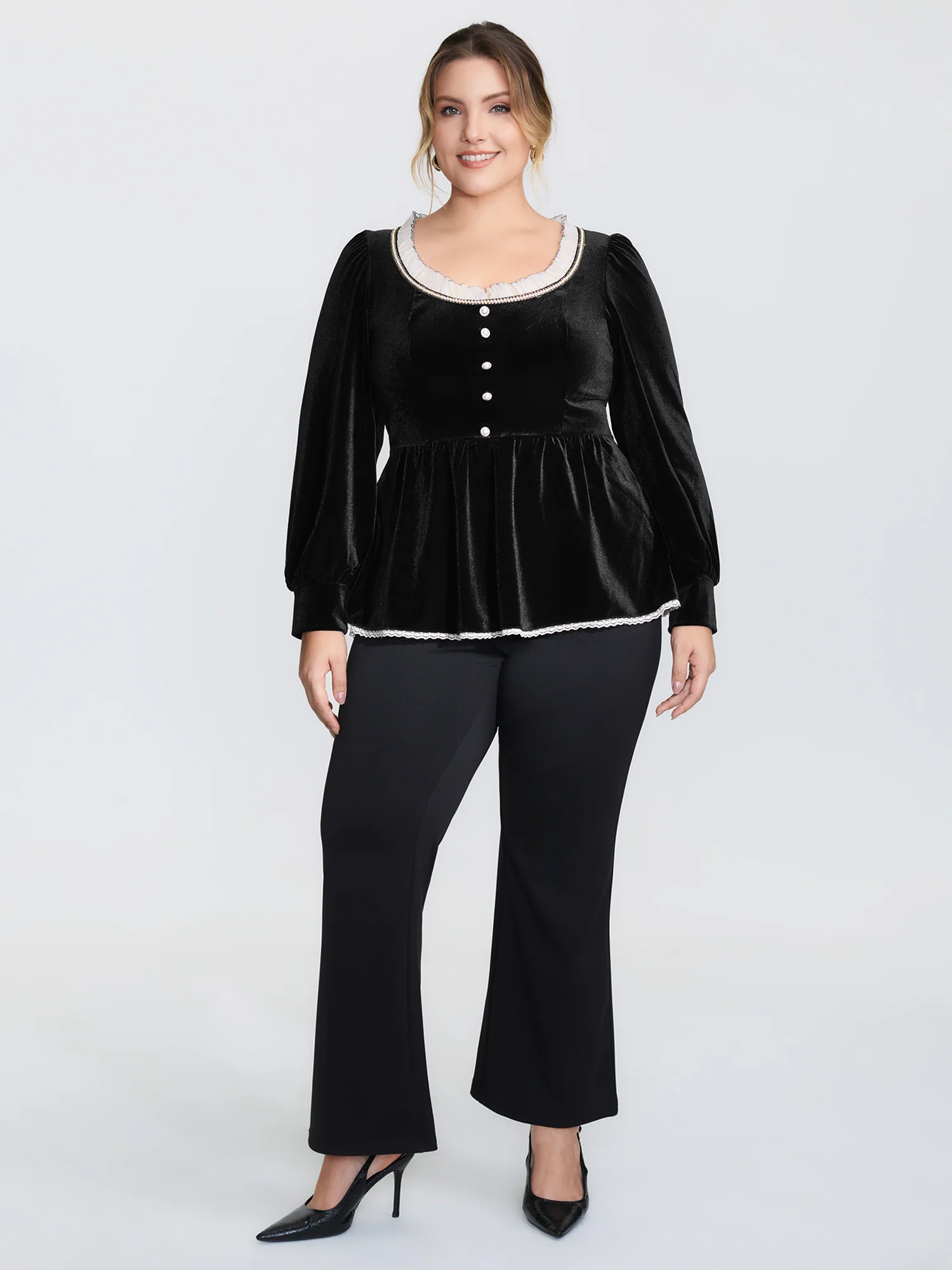 Velvet Contrast Neckline Button Knit Top - Image 3