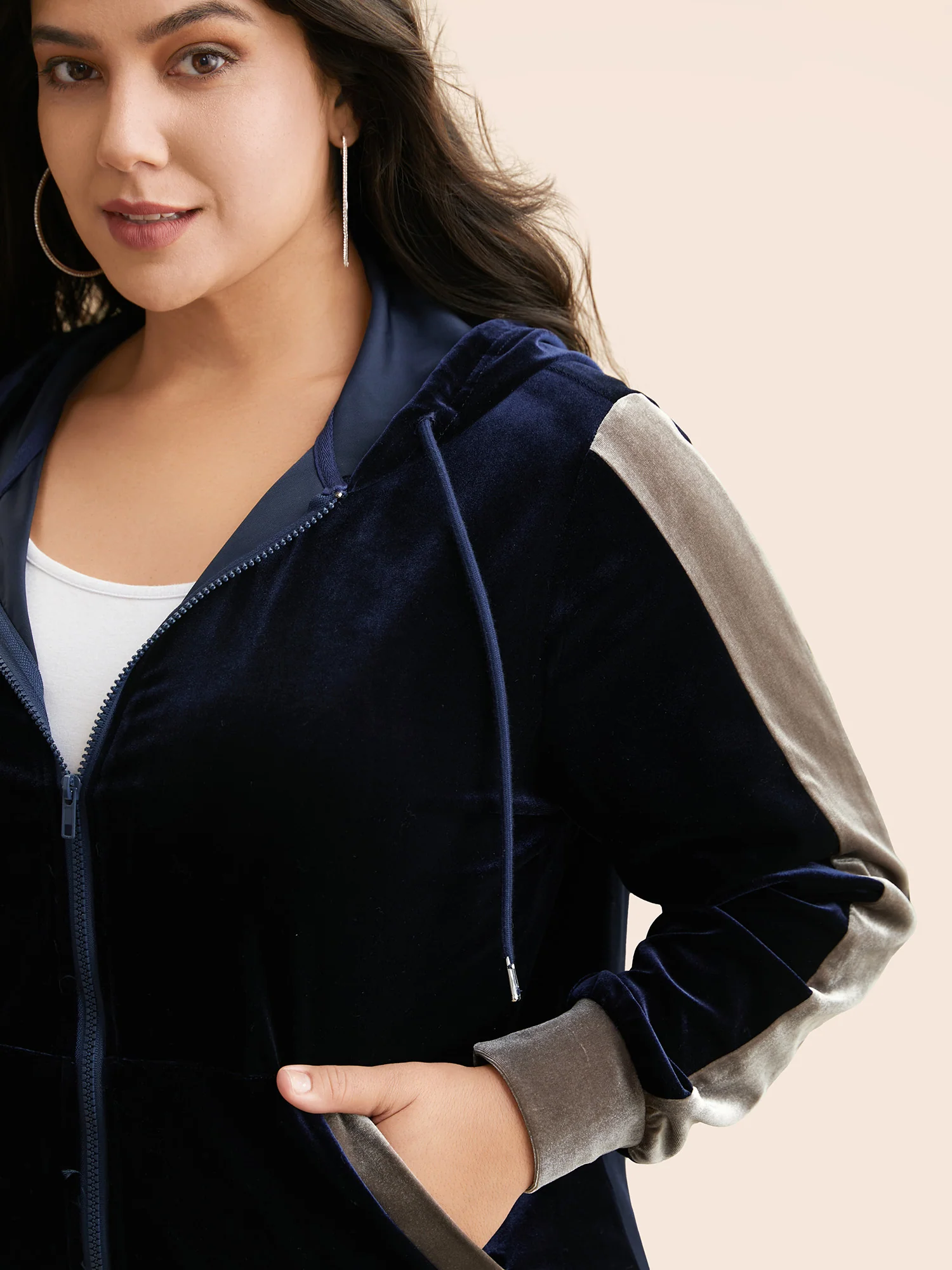 Velvet Contrast Patchwork Hooded Sweatshirt - Image 2