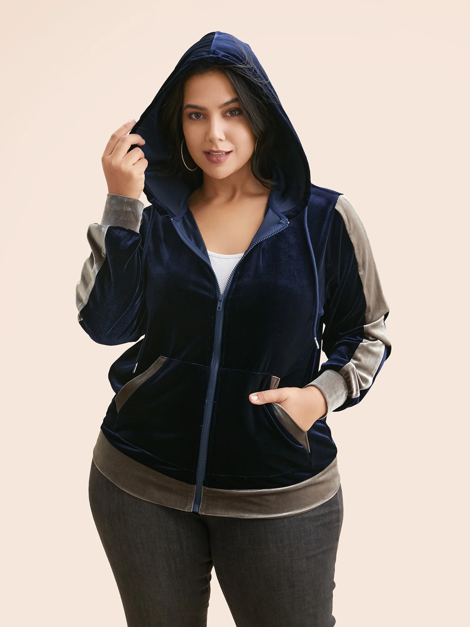 Velvet Contrast Patchwork Hooded Sweatshirt - Image 4
