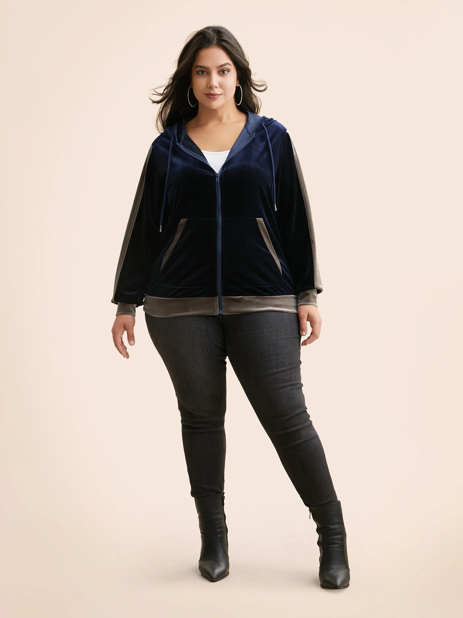 Velvet Contrast Patchwork Hooded Sweatshirt - Image 5