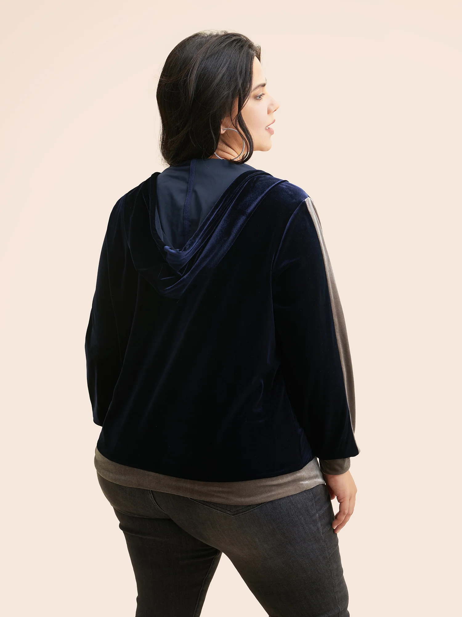 Velvet Contrast Patchwork Hooded Sweatshirt - Image 6