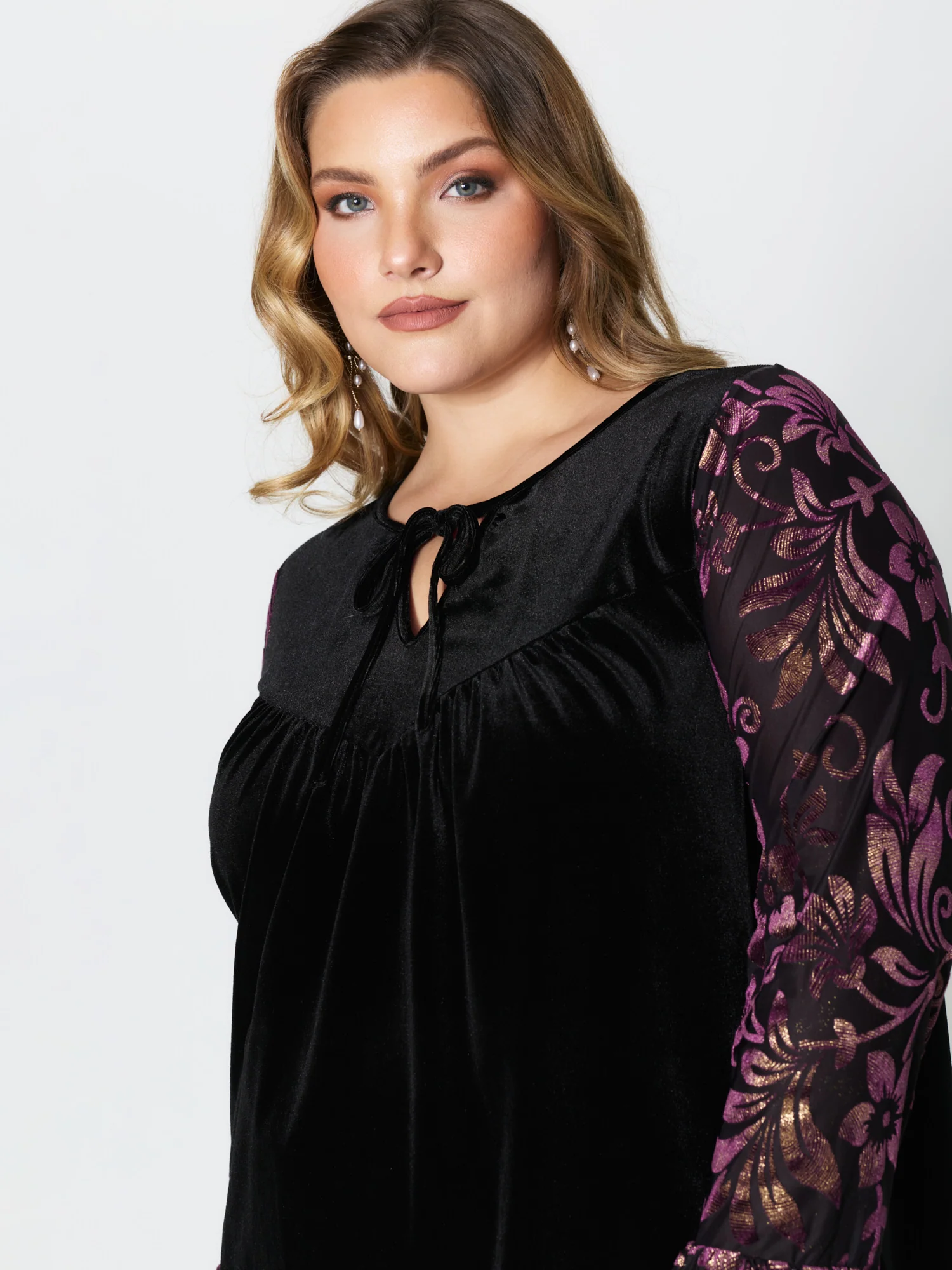 Velvet Cut-Out Neck Spliced Knit Top - Image 2