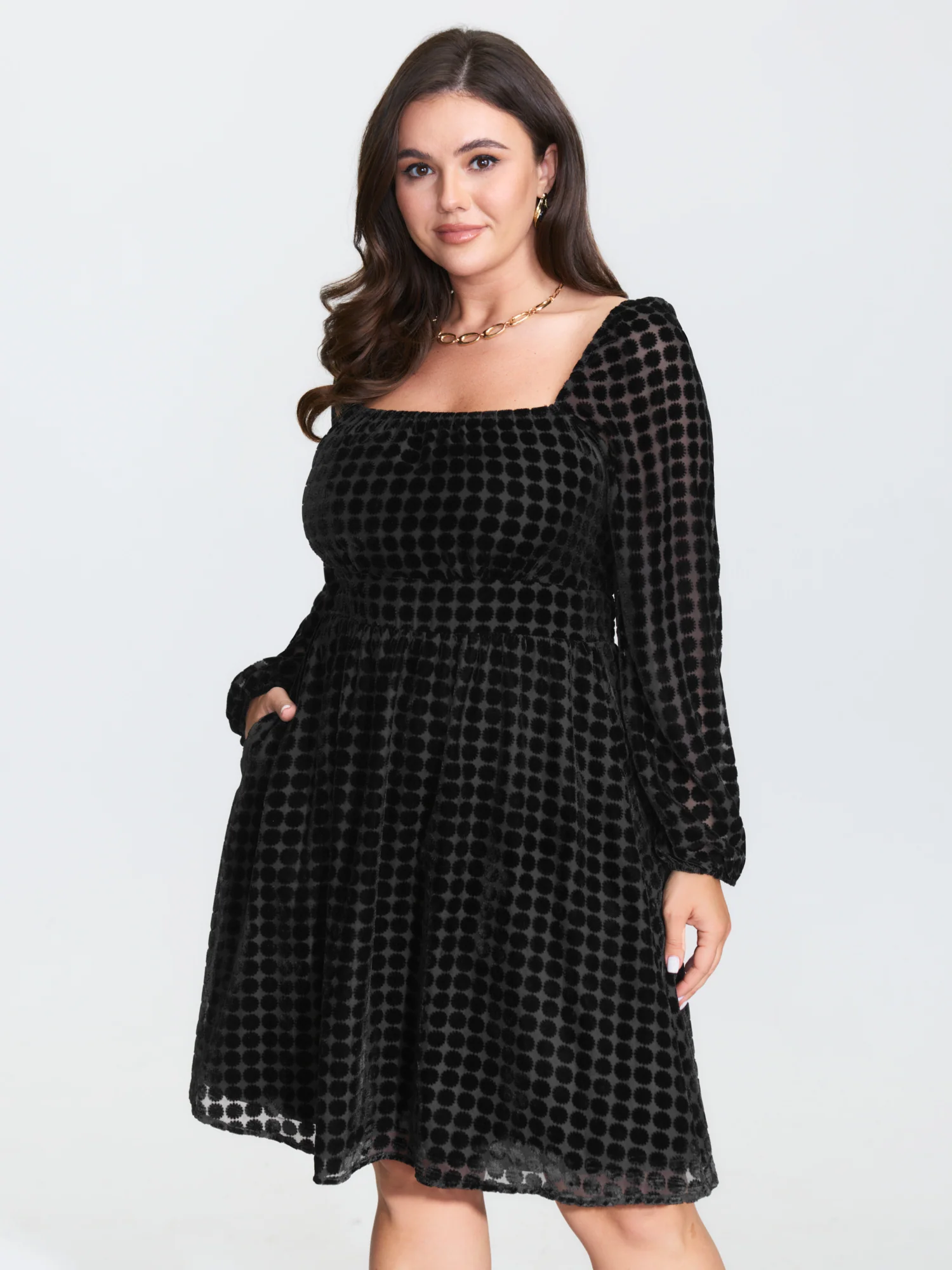 Velvet Dots Shirred Waist Midi Dress - Image 2