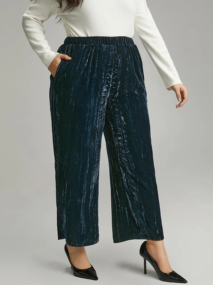 Velvet Elastic Waist Pocket Straight Leg Pants - Image 3