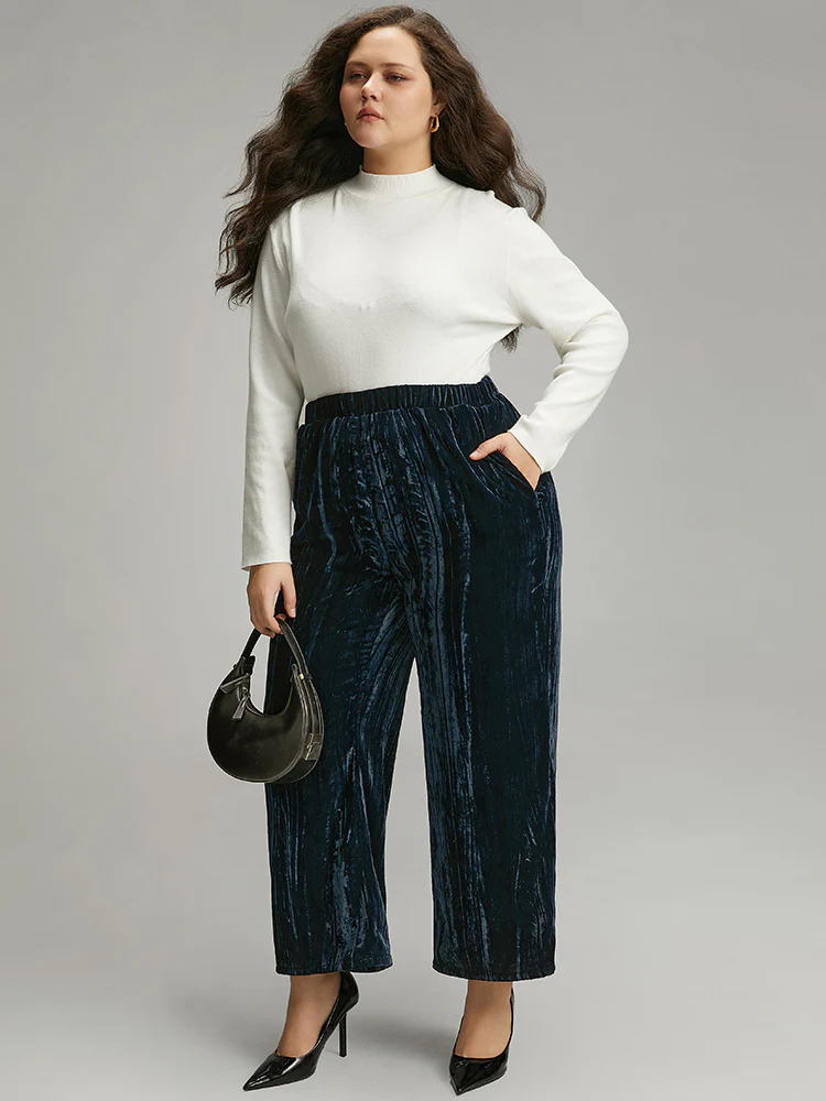 Velvet Elastic Waist Pocket Straight Leg Pants - Image 4