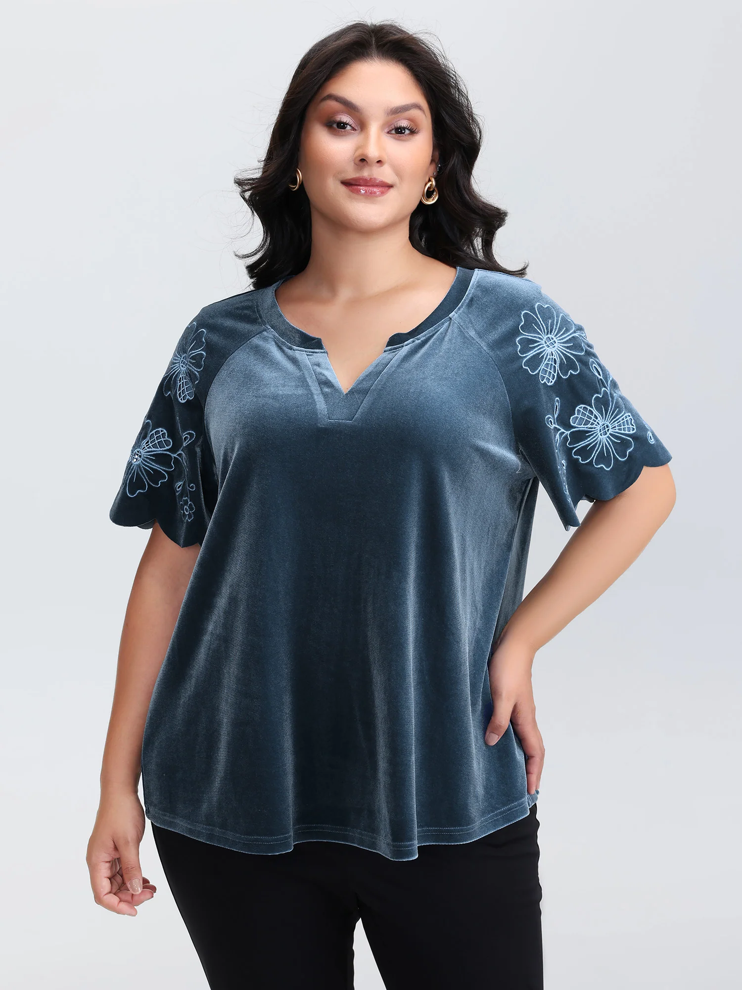 Velvet Embroidered Mesh Sleeve Stretchy Blouse - Image 2