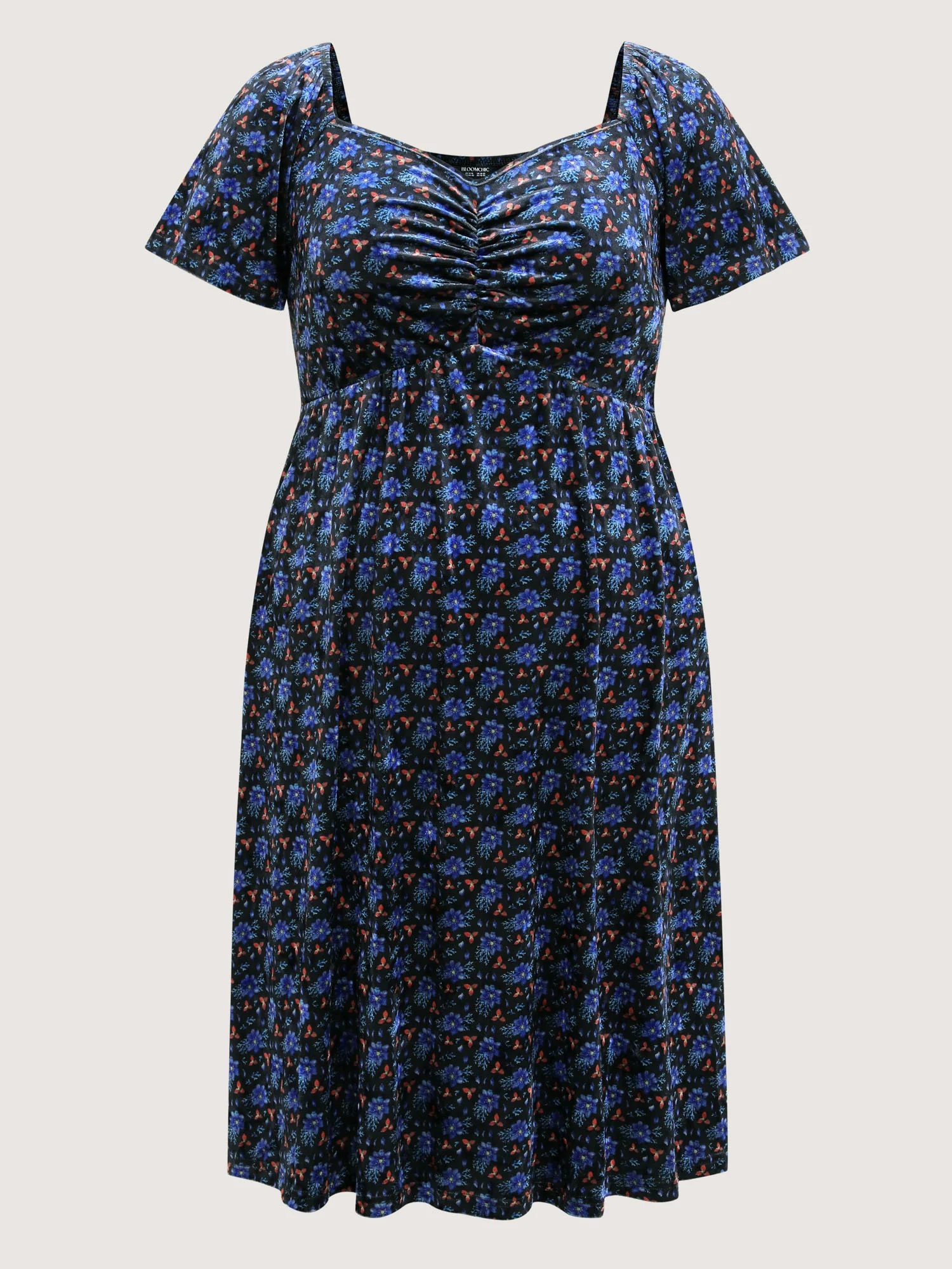 Velvet Floral Gathered Bodice Midi Dress - Image 8