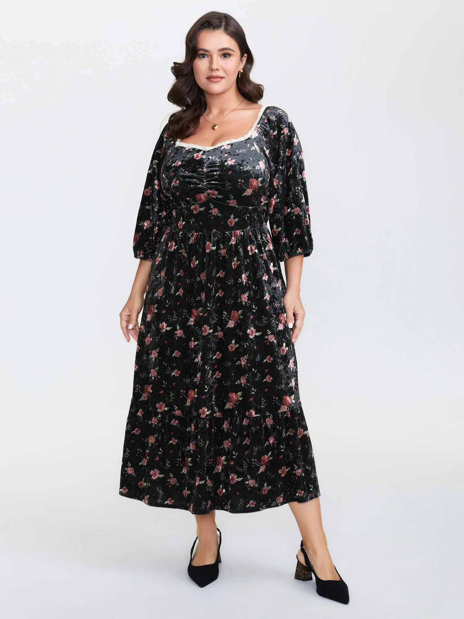Velvet Floral Lace Ruched Midi Dress - Image 3
