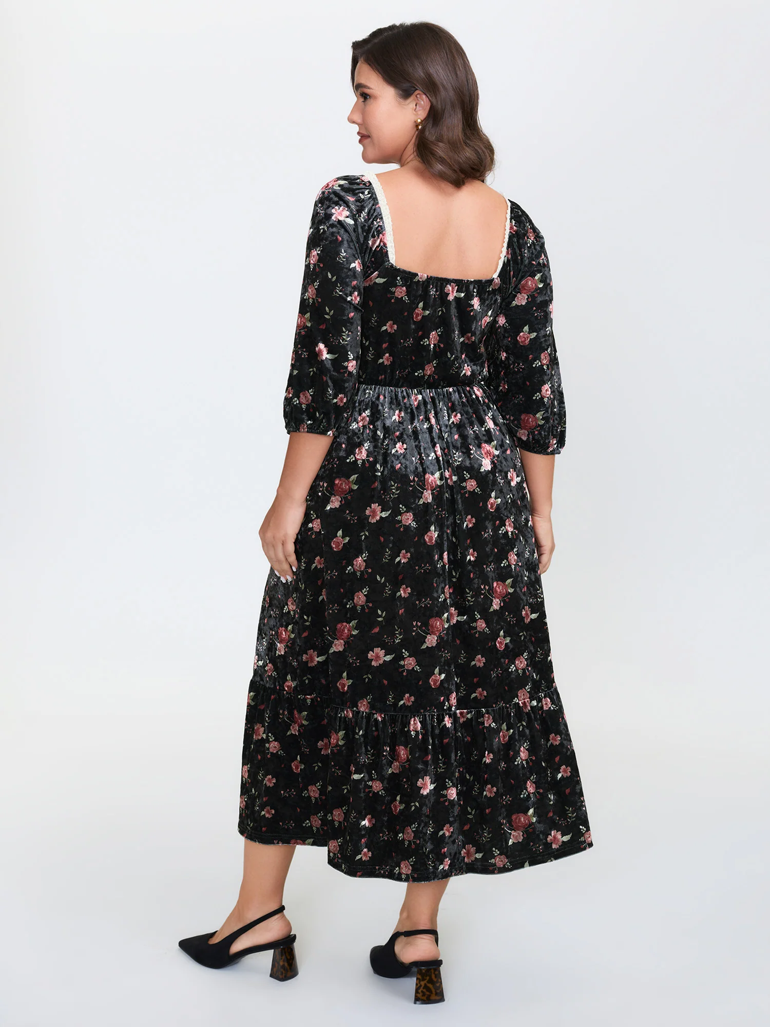 Velvet Floral Lace Ruched Midi Dress - Image 4
